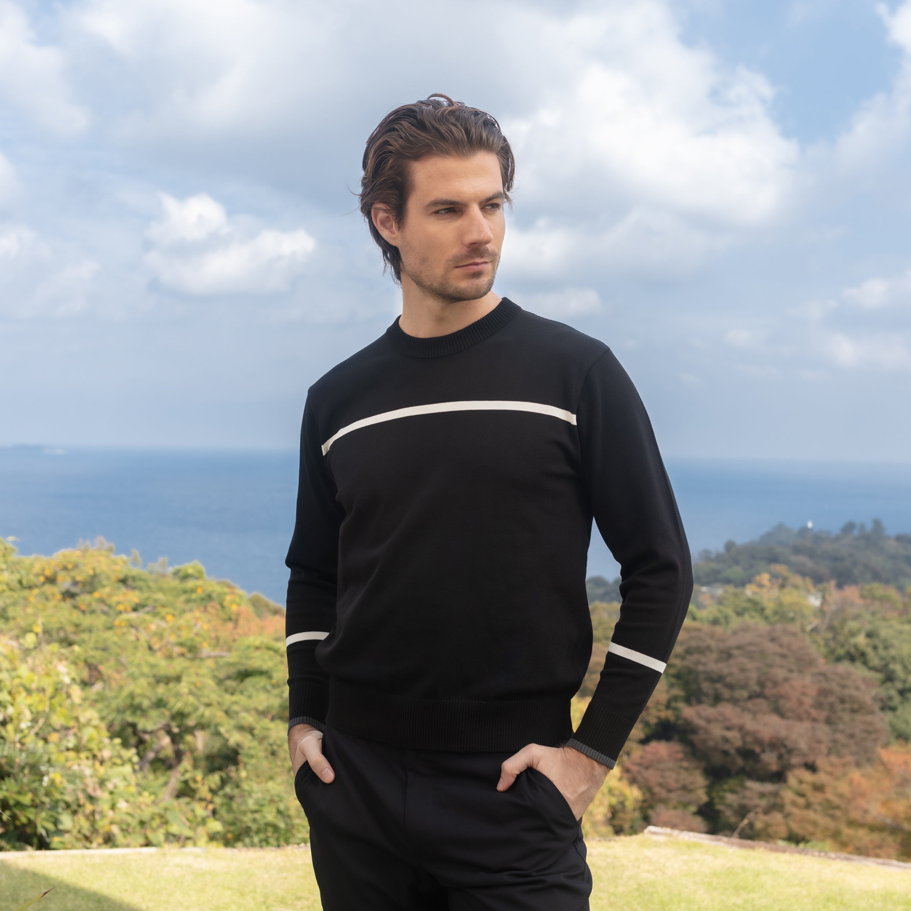 《SALE》ハリーストレッチ 12Gニット ライントップス〈MENS〉